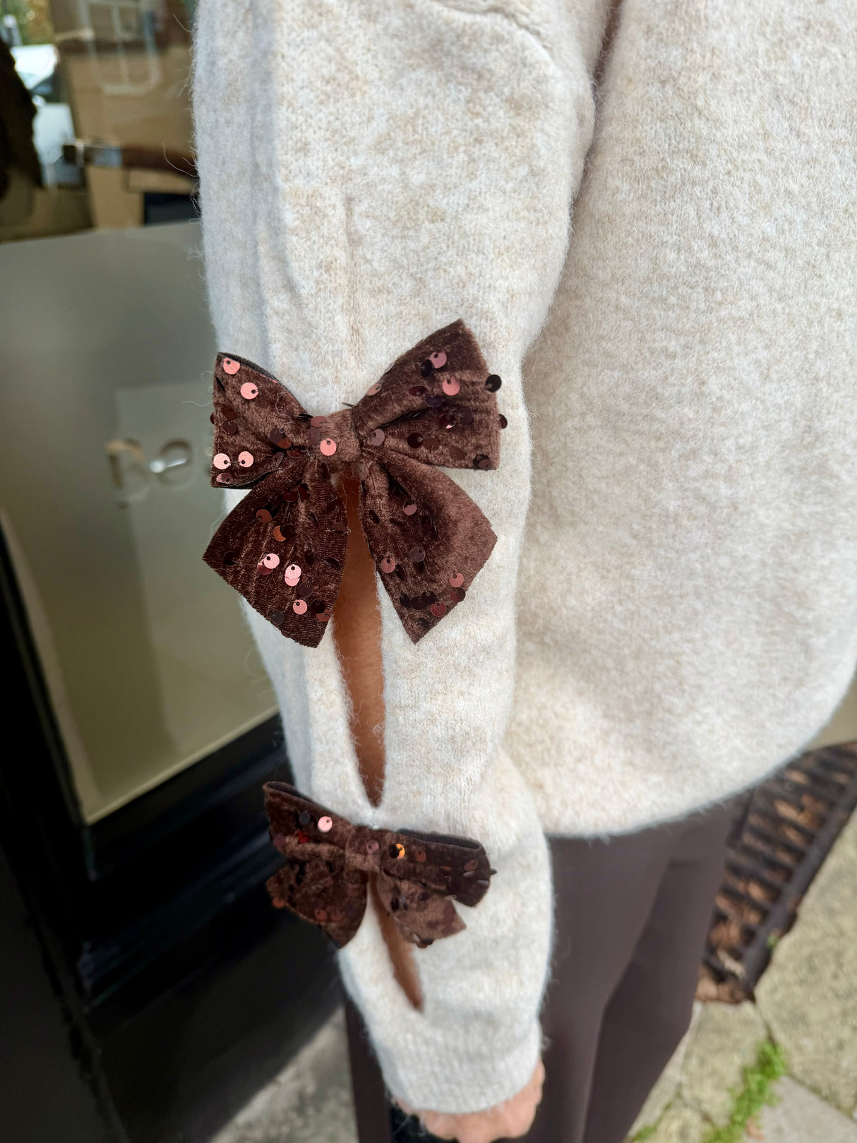 Riley Knit With Sequin Bow - Cream