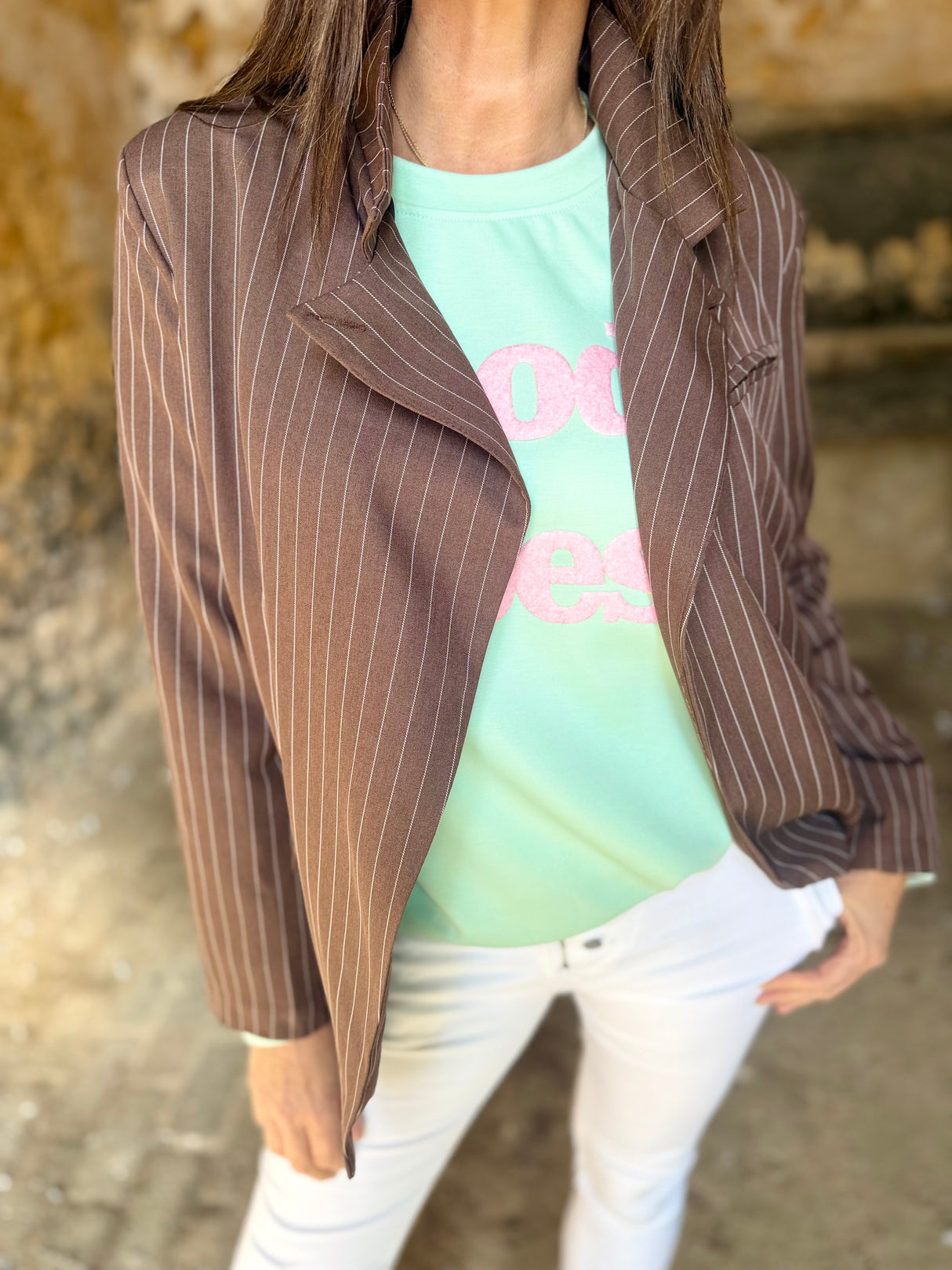 Pinstripe Funnel Neck Blazer - Chocolate