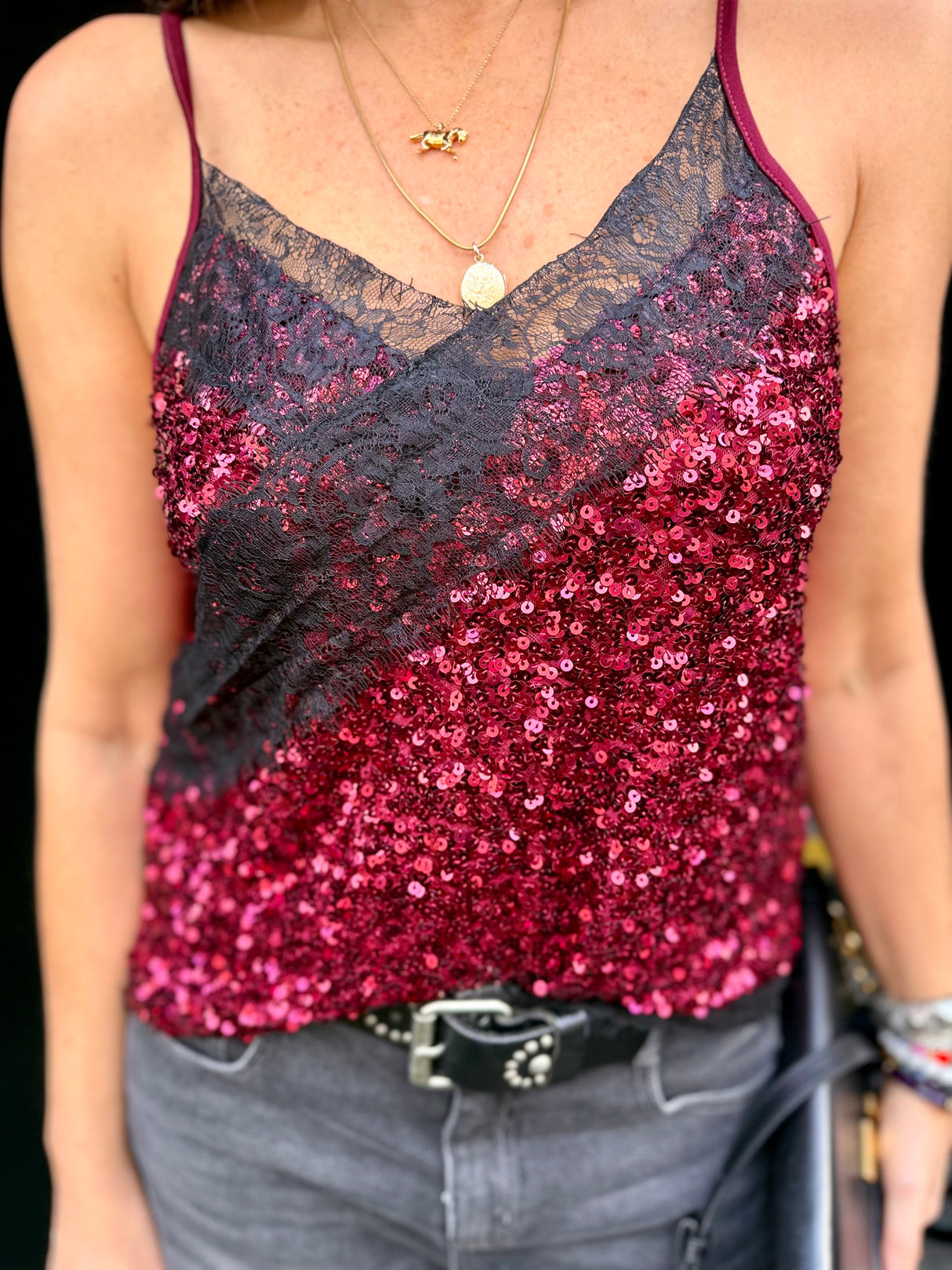 Harley Lace Sequin Cami - Cherry