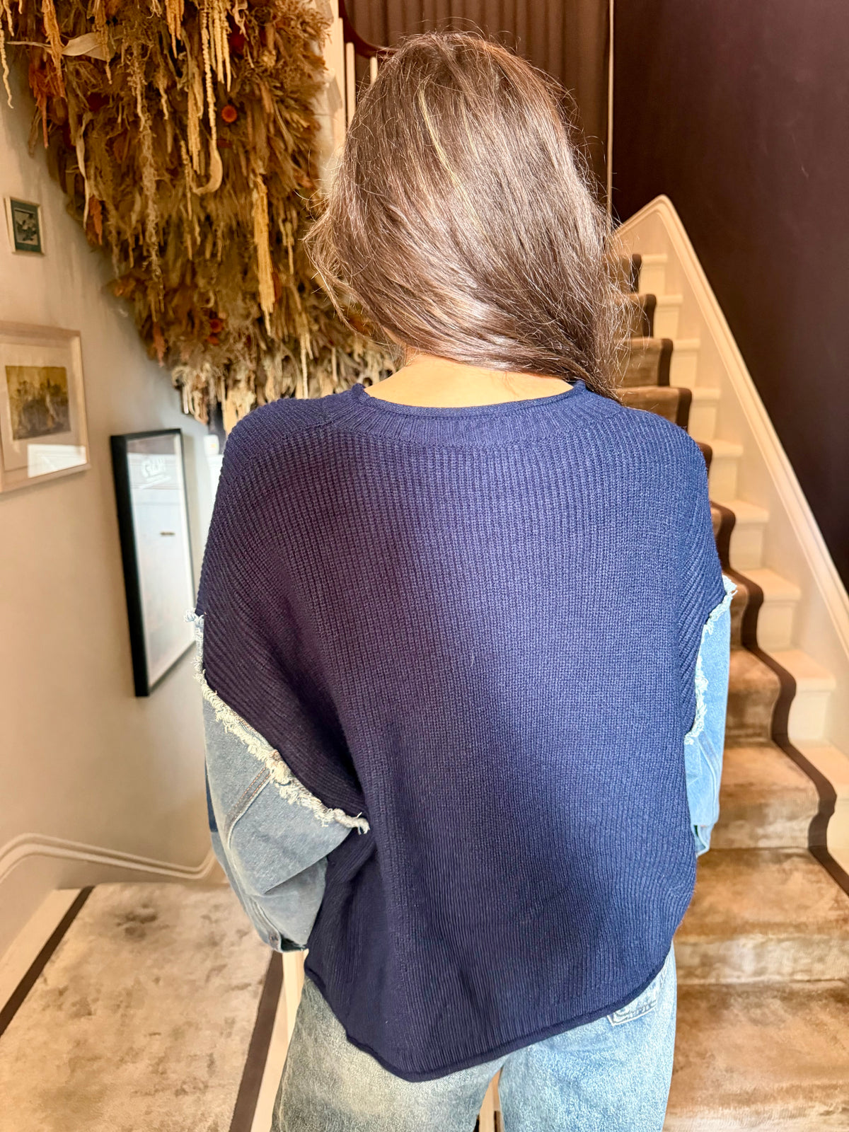 Bronte Knit With Denim Sleeve - Navy