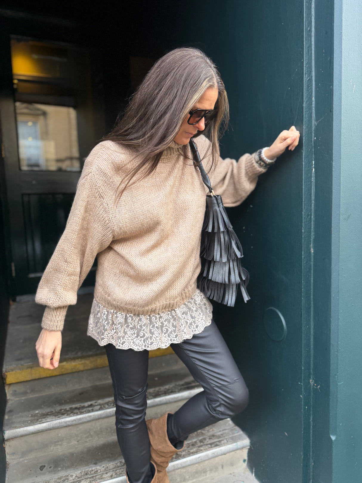 Arabella Lace Roll Neck Jumper - Biscuit