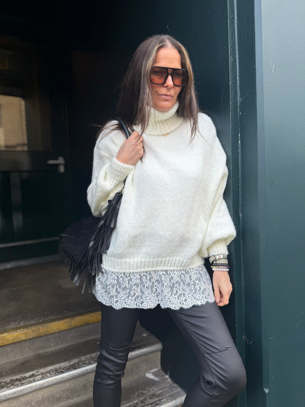 Arabella Lace Roll Neck Jumper - Cream