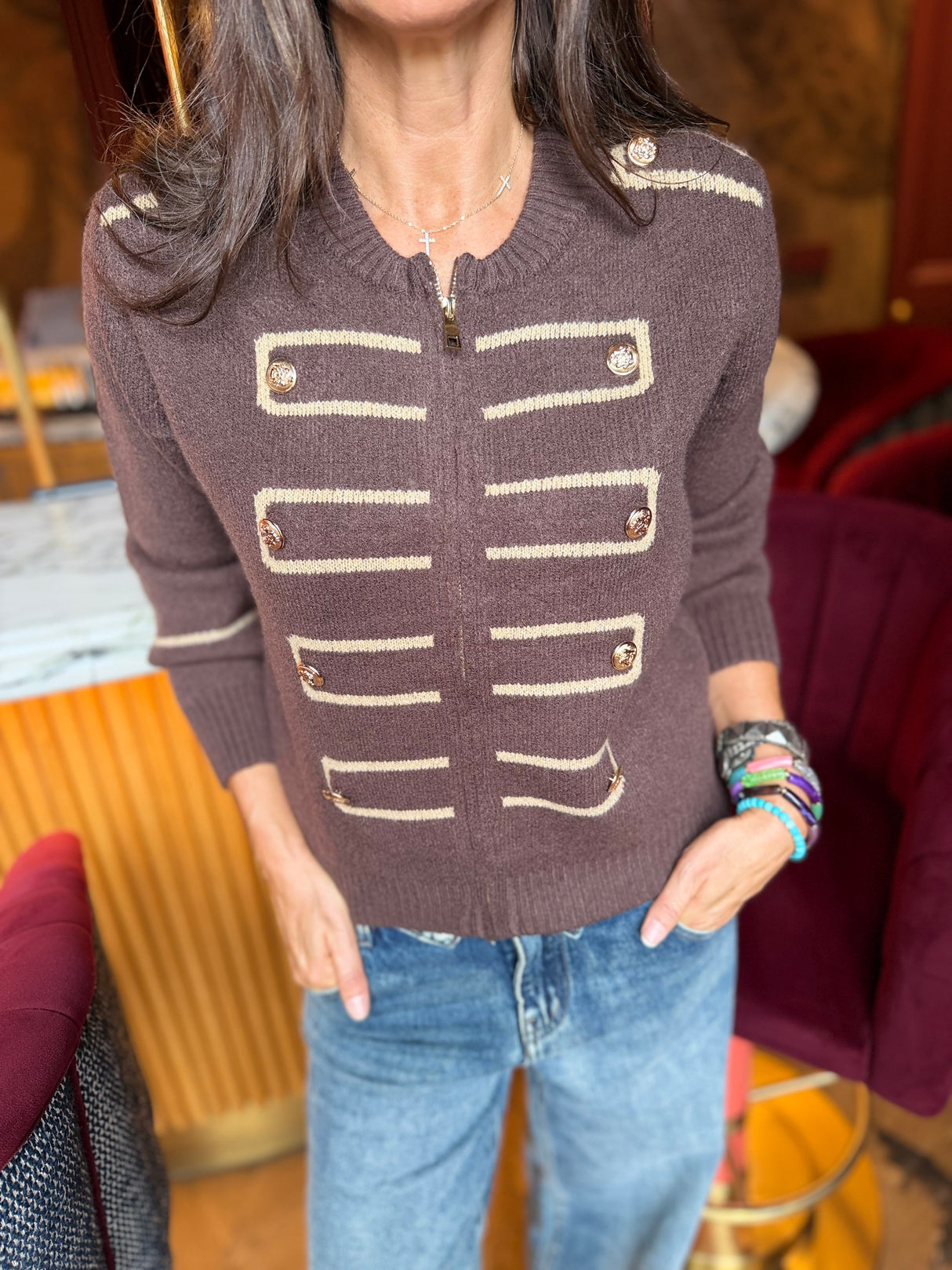 Hazel Military Knitted Jacket - Brown