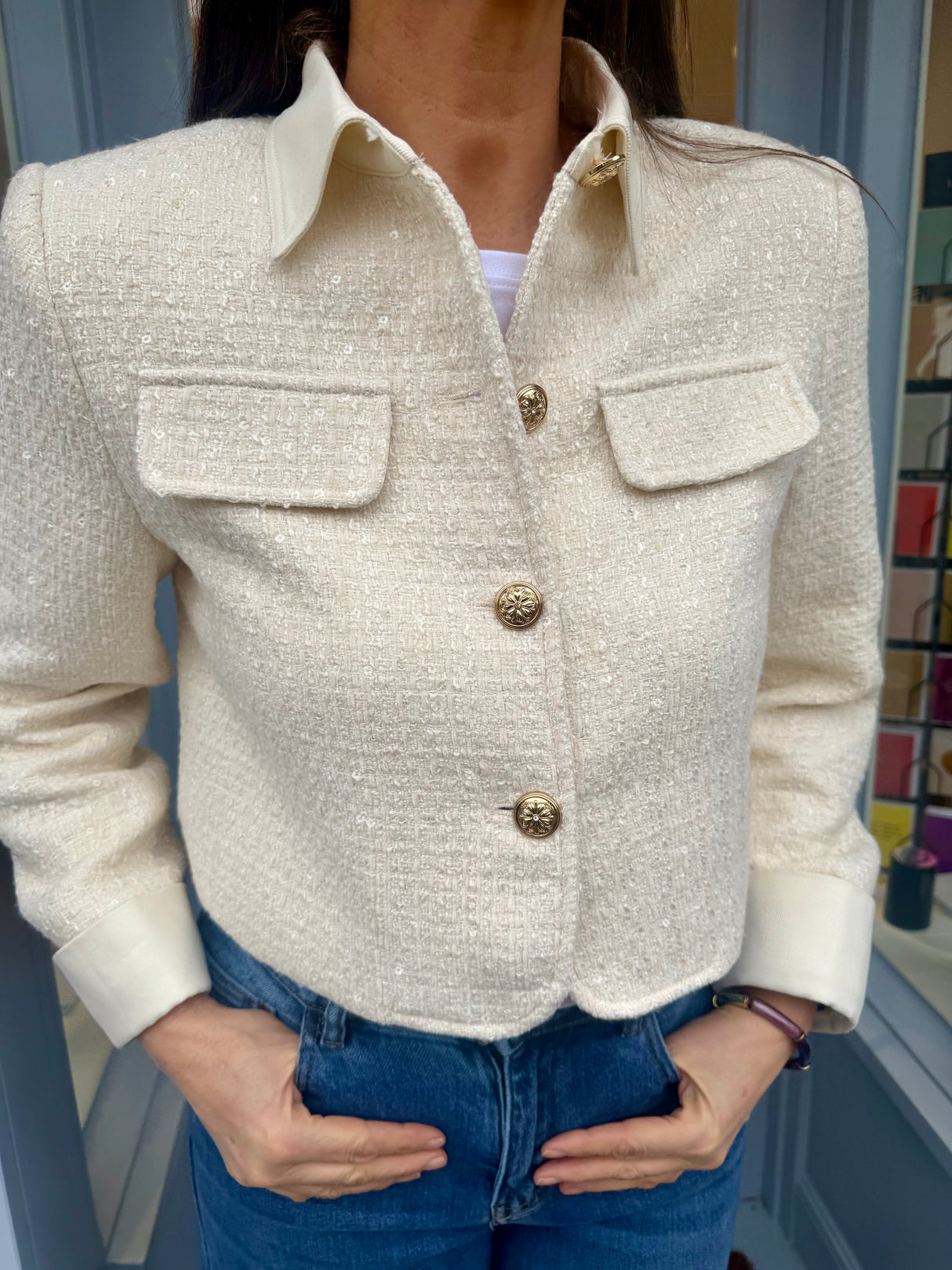 Verity Sequin Cropped Jacket - Ecru