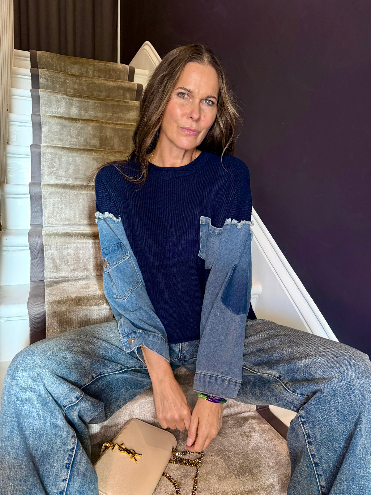 Bronte Knit With Denim Sleeve - Navy