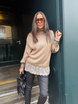 Arabella Lace Roll Neck Jumper - Biscuit