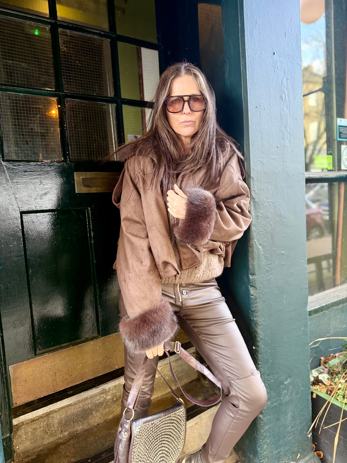 Shauna Faux Suede Bomber - Choc