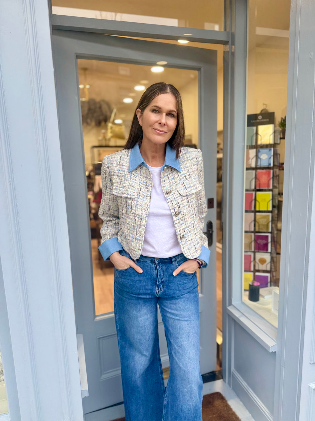 Verity Sequin Cropped Jacket - Baby Blue