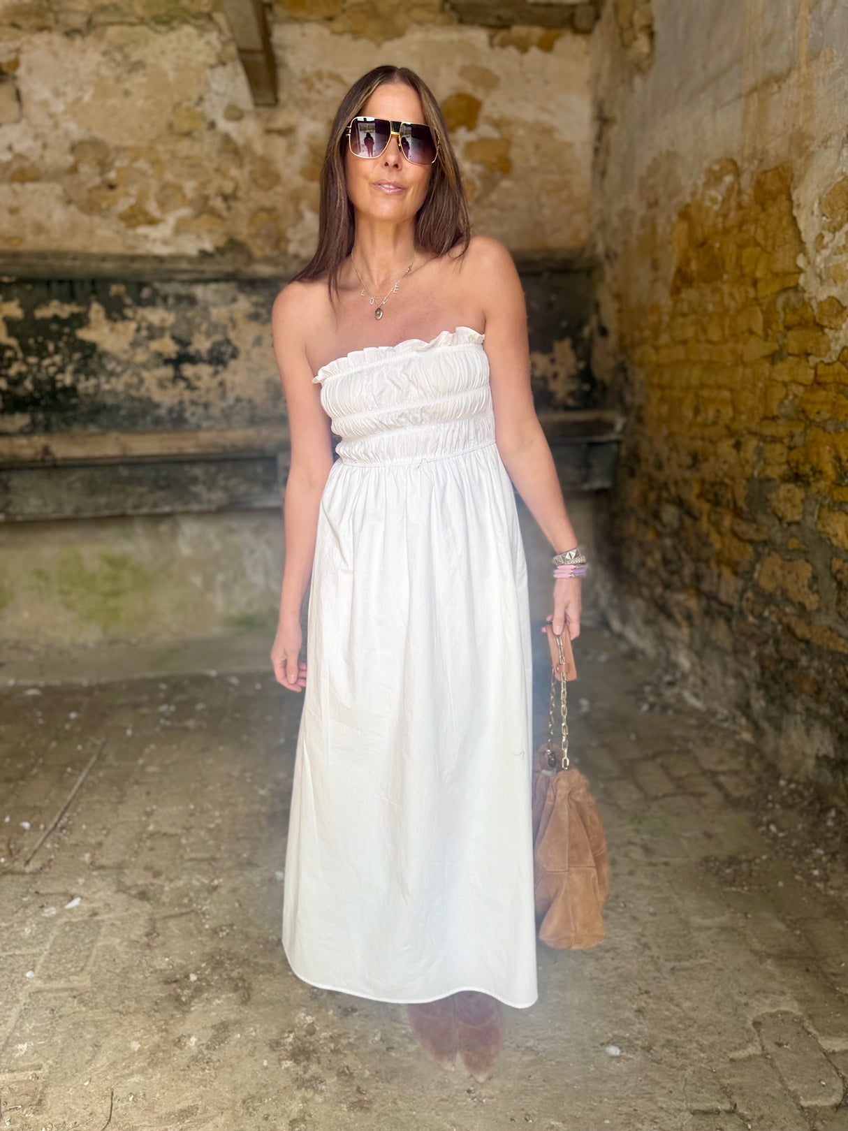 Coral Strapless Maxi Dress - White