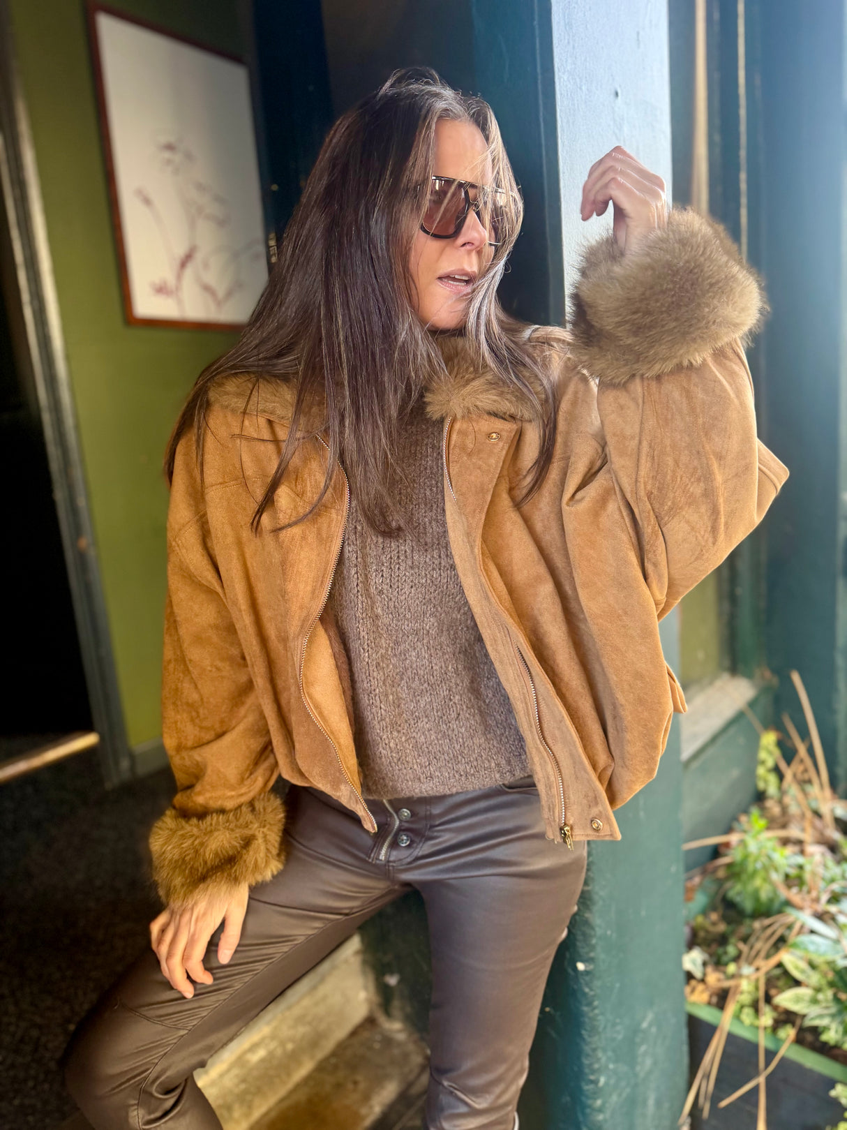 Shauna Faux Suede Bomber - Tan