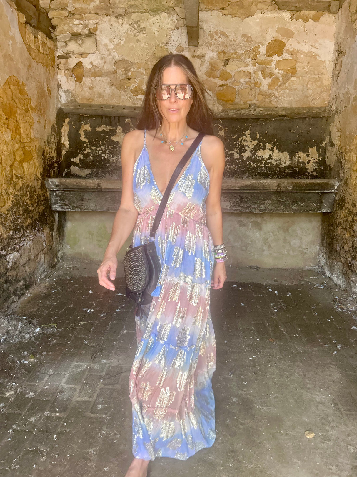Crystal Metallic Maxi Dress - Blue