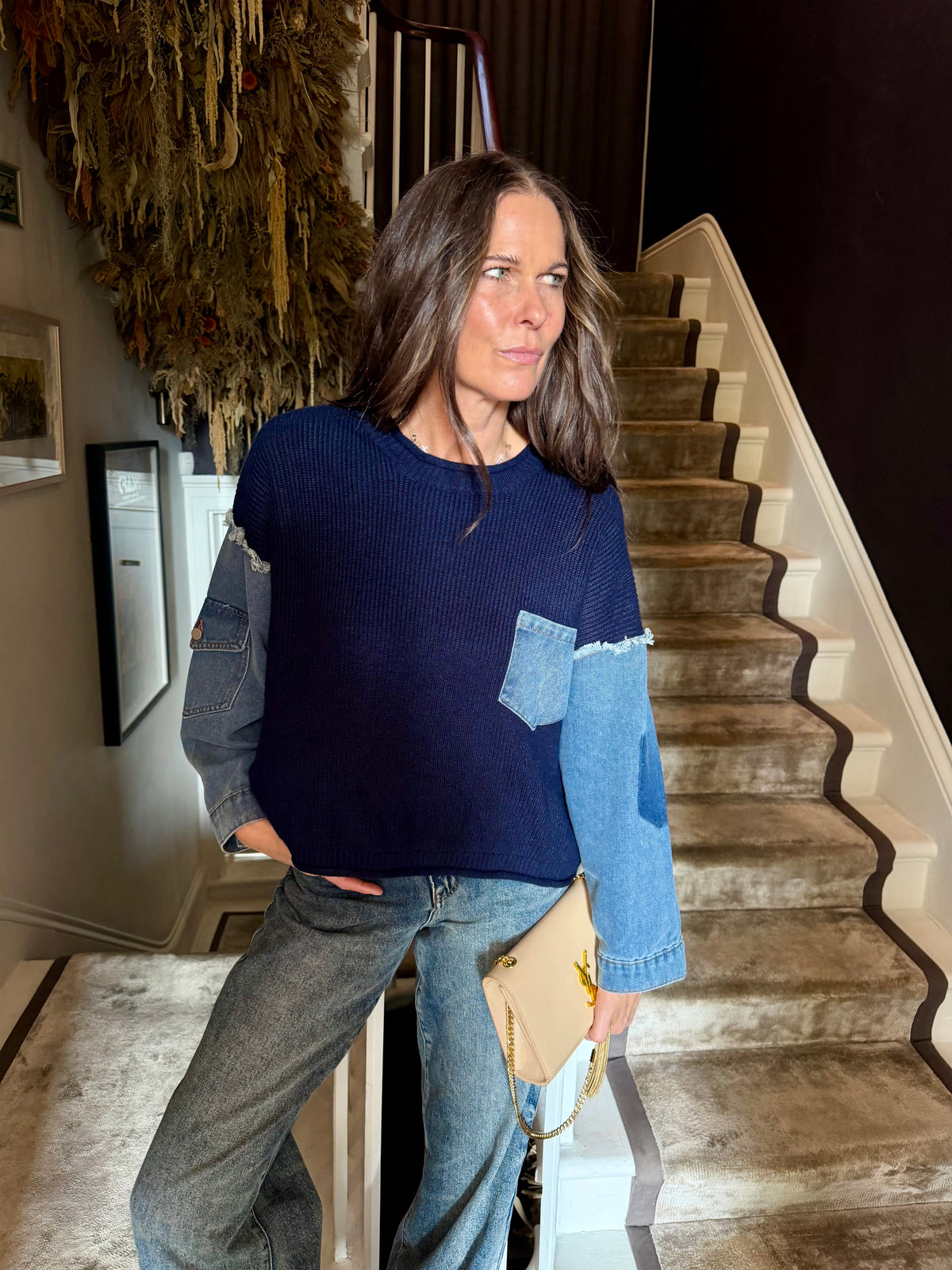 Bronte Knit With Denim Sleeve - Navy