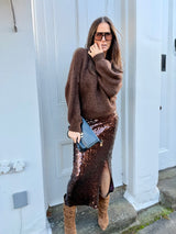 Mariah Sequin Midi Skirt - Chocolate