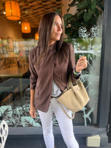 Pinstripe Funnel Neck Blazer - Chocolate