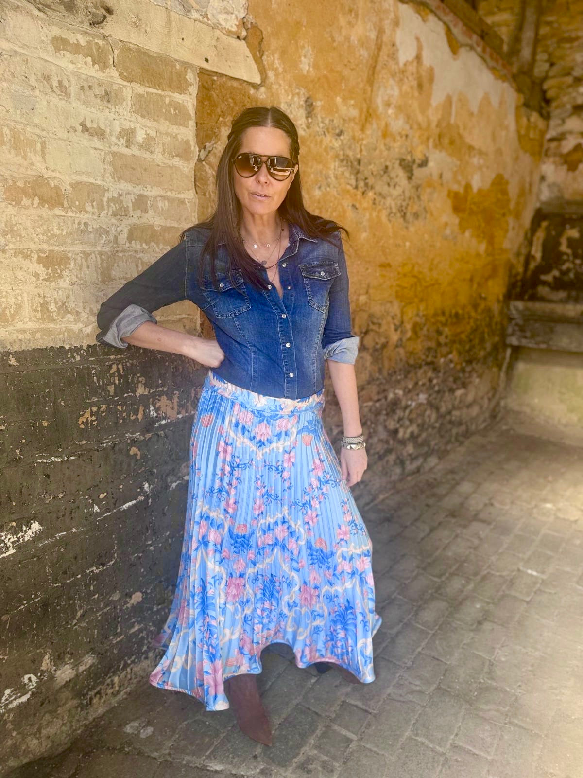 Falda floral vintage Toni - Hortensia azul