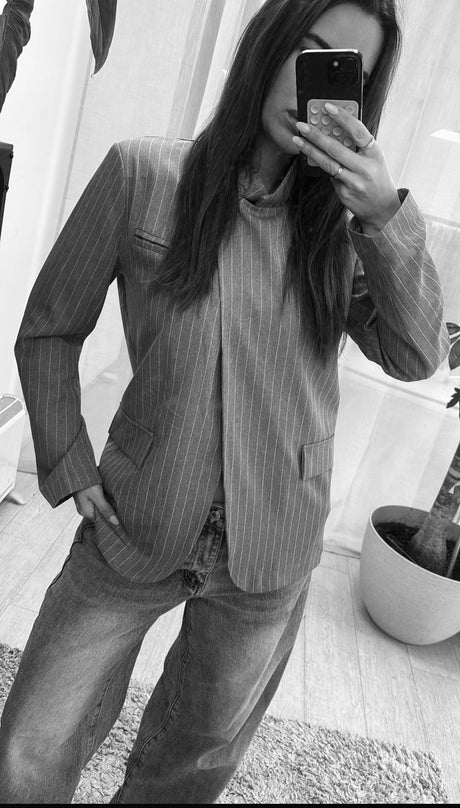 Pinstripe Funnel Neck Blazer - Chocolate