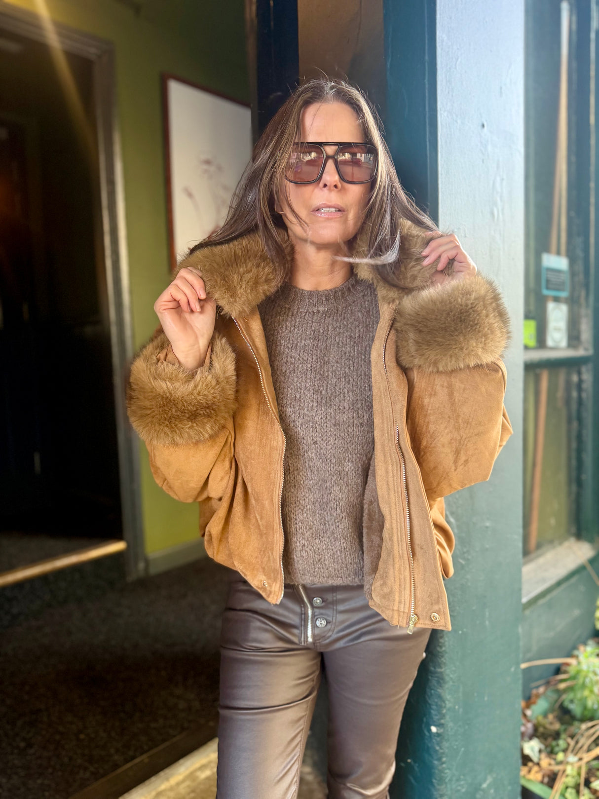 Shauna Faux Suede Bomber - Tan