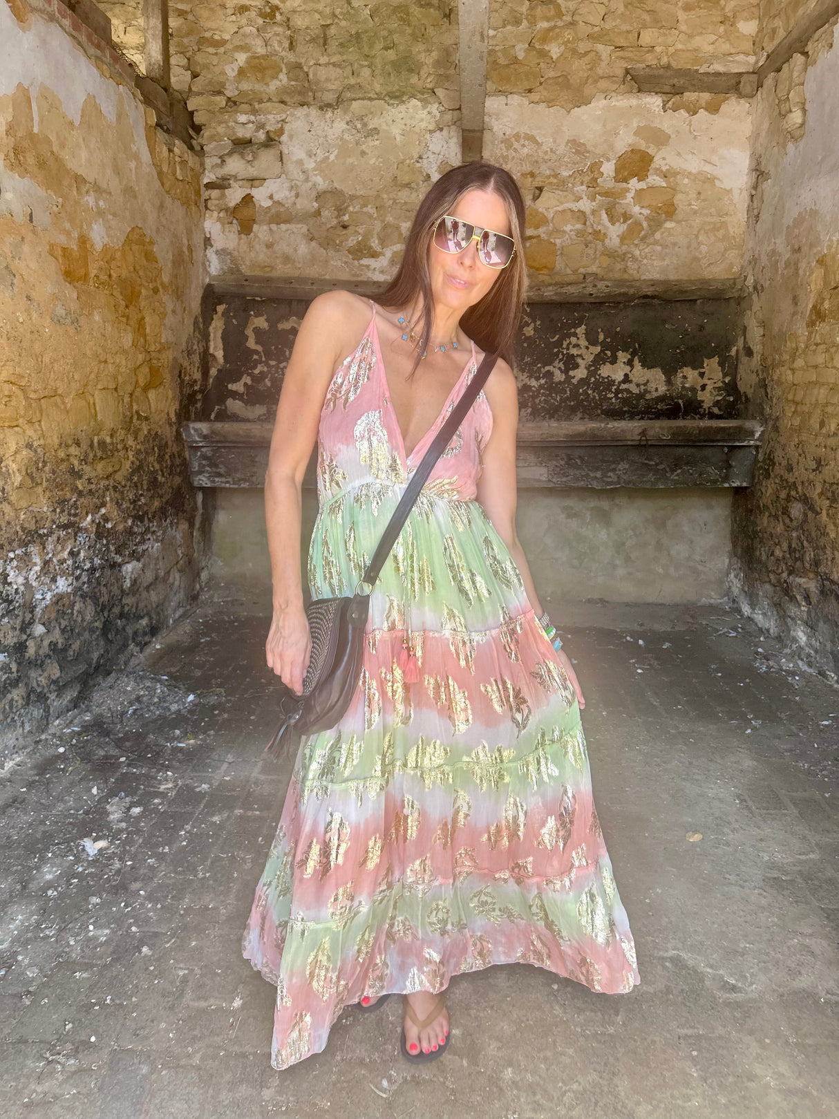 Crystal Metallic Maxi Dress - Orange