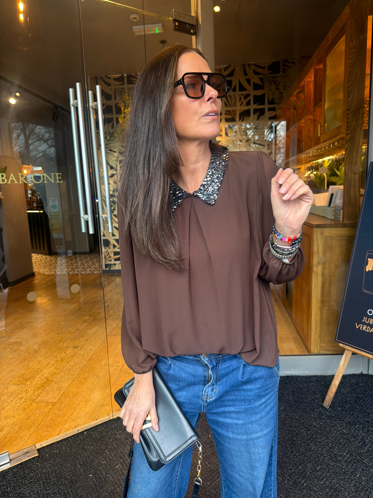 Siri Sequin Collar Blouse - Chocolate