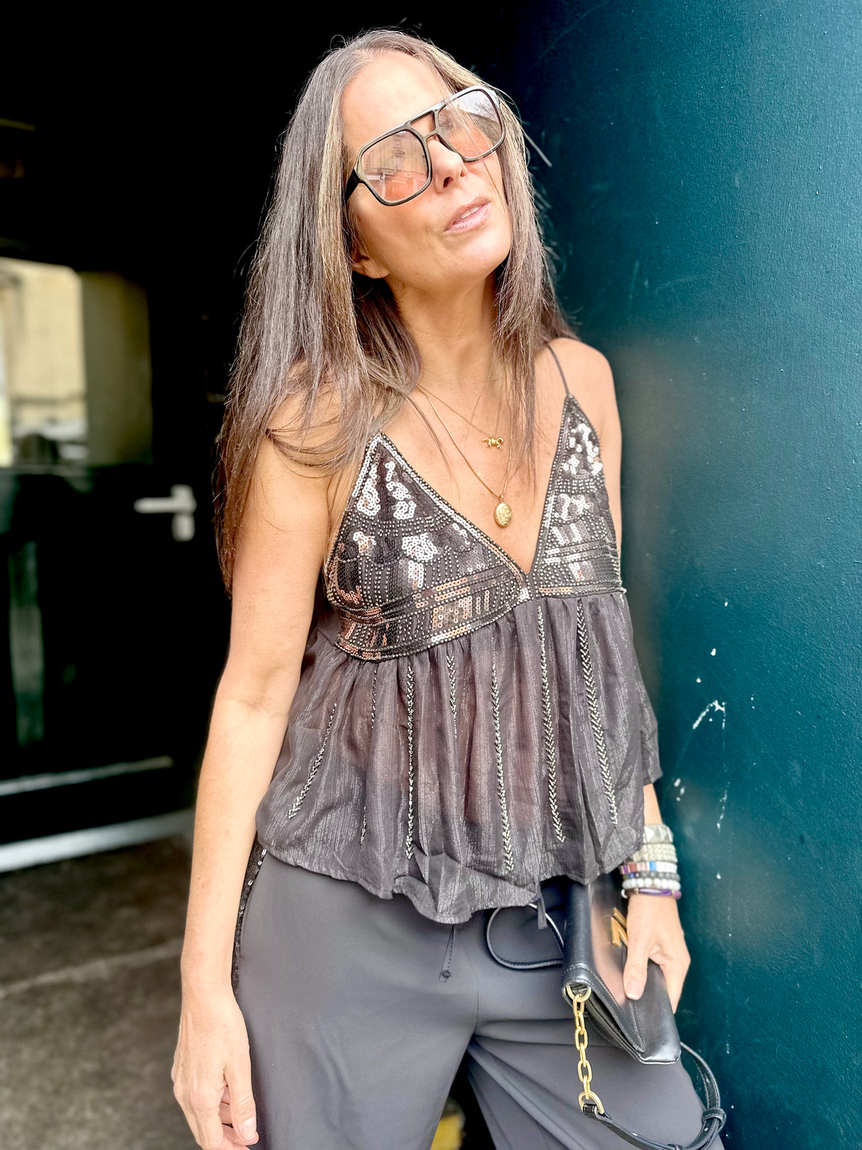 Liza Sequin Camisoles - Black