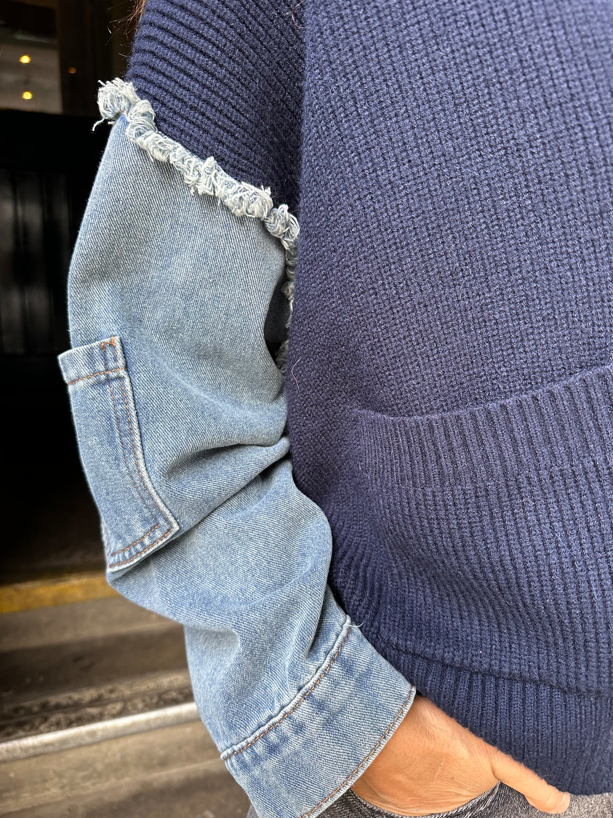 Bronte Cardi With Denim Sleeve - Navy