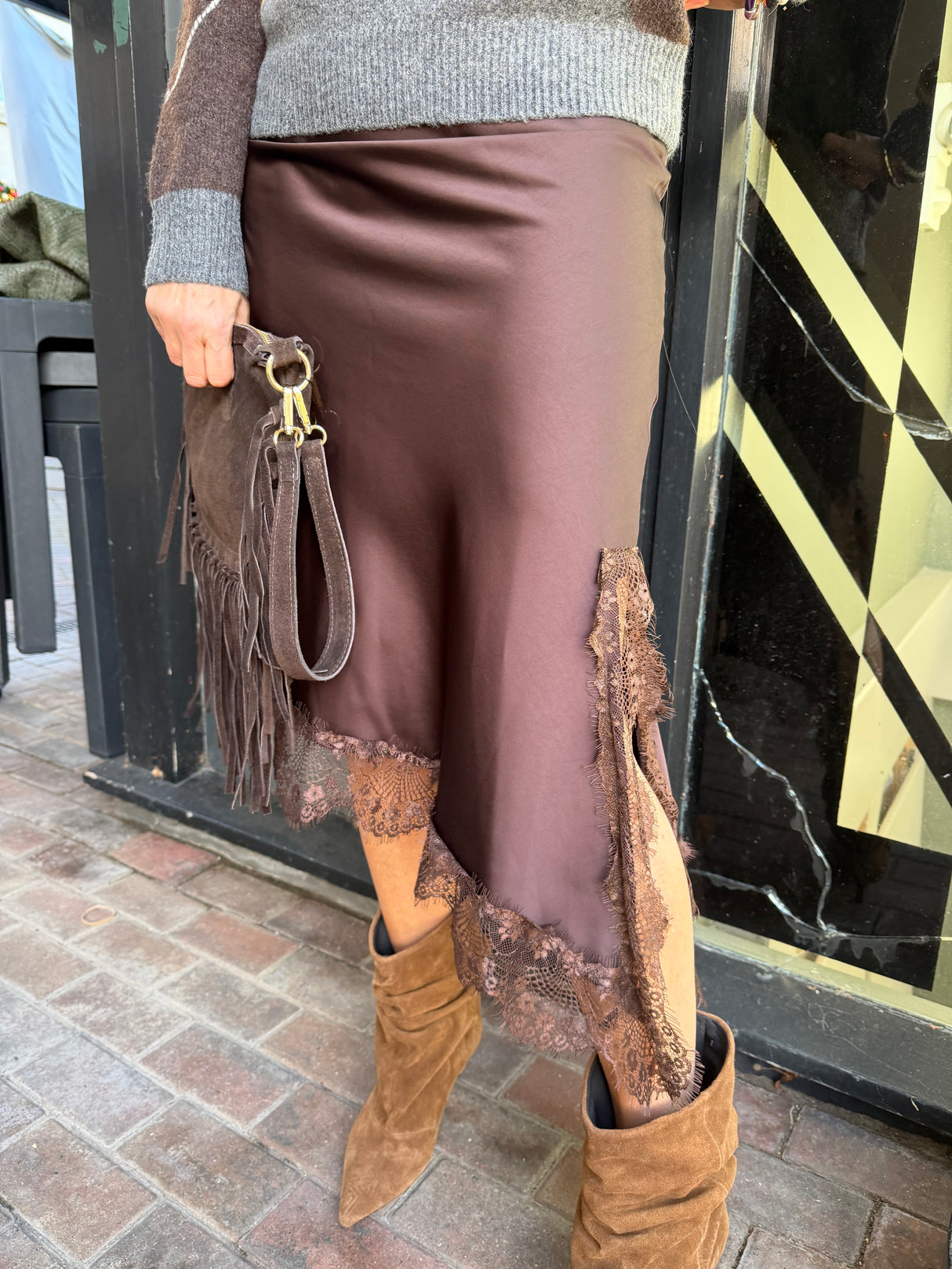 Edith Satin Lace Skirt Chocolate