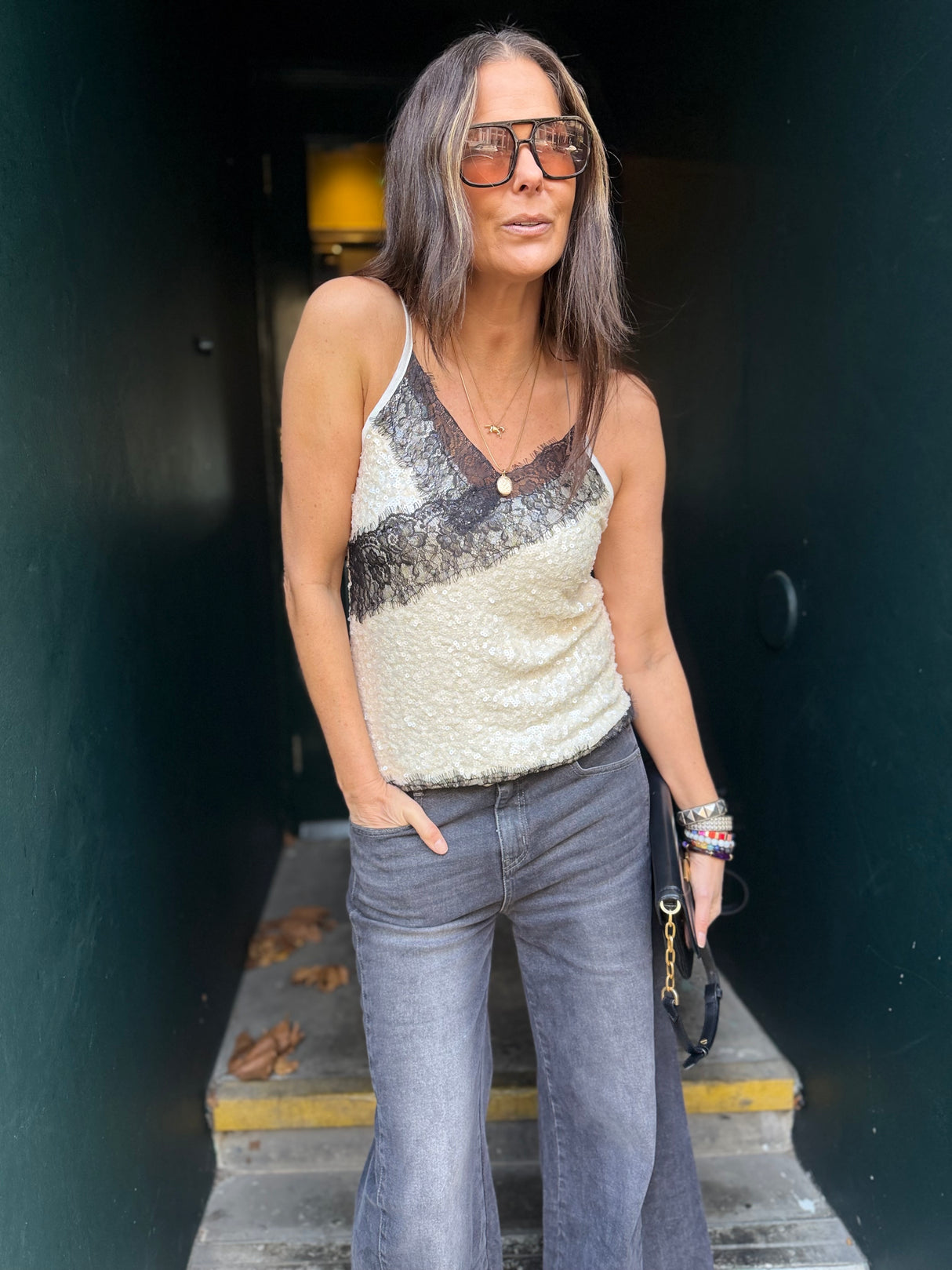 Harley Lace Sequin Cami - Ivory