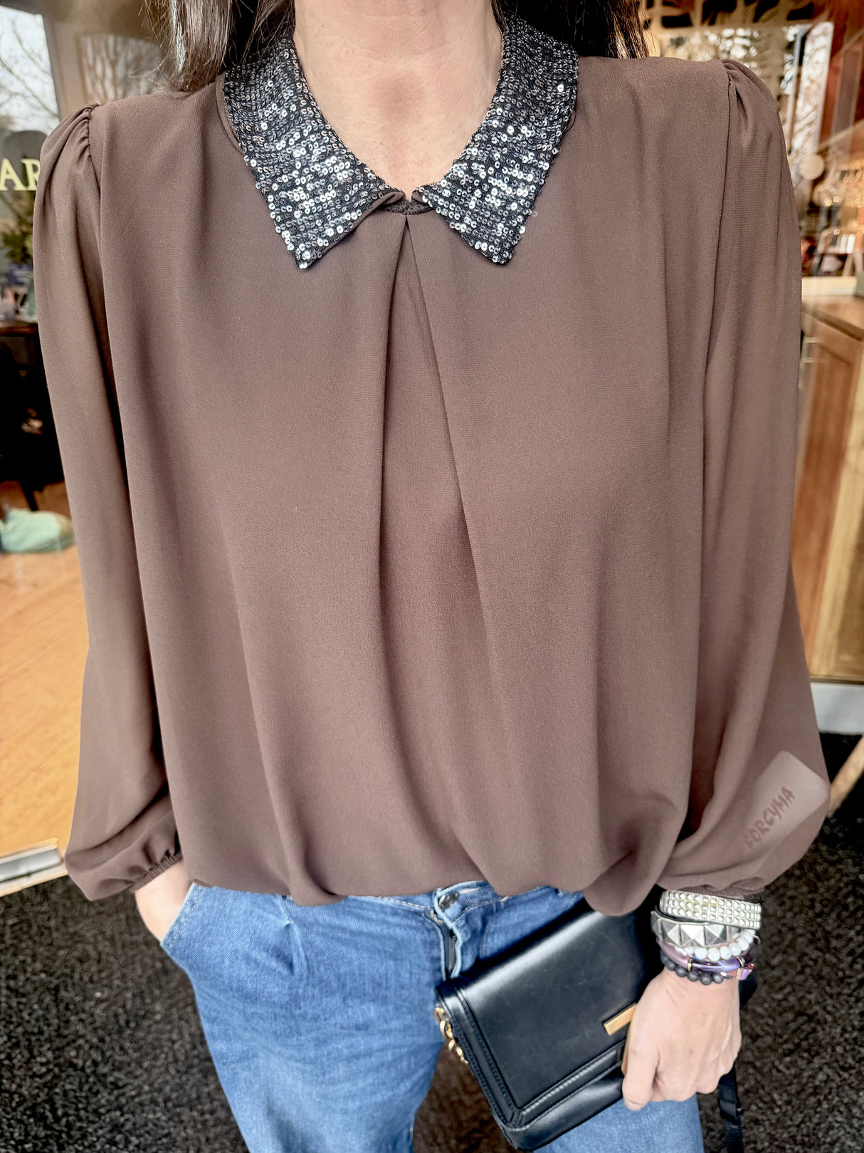 Siri Sequin Collar Blouse - Chocolate