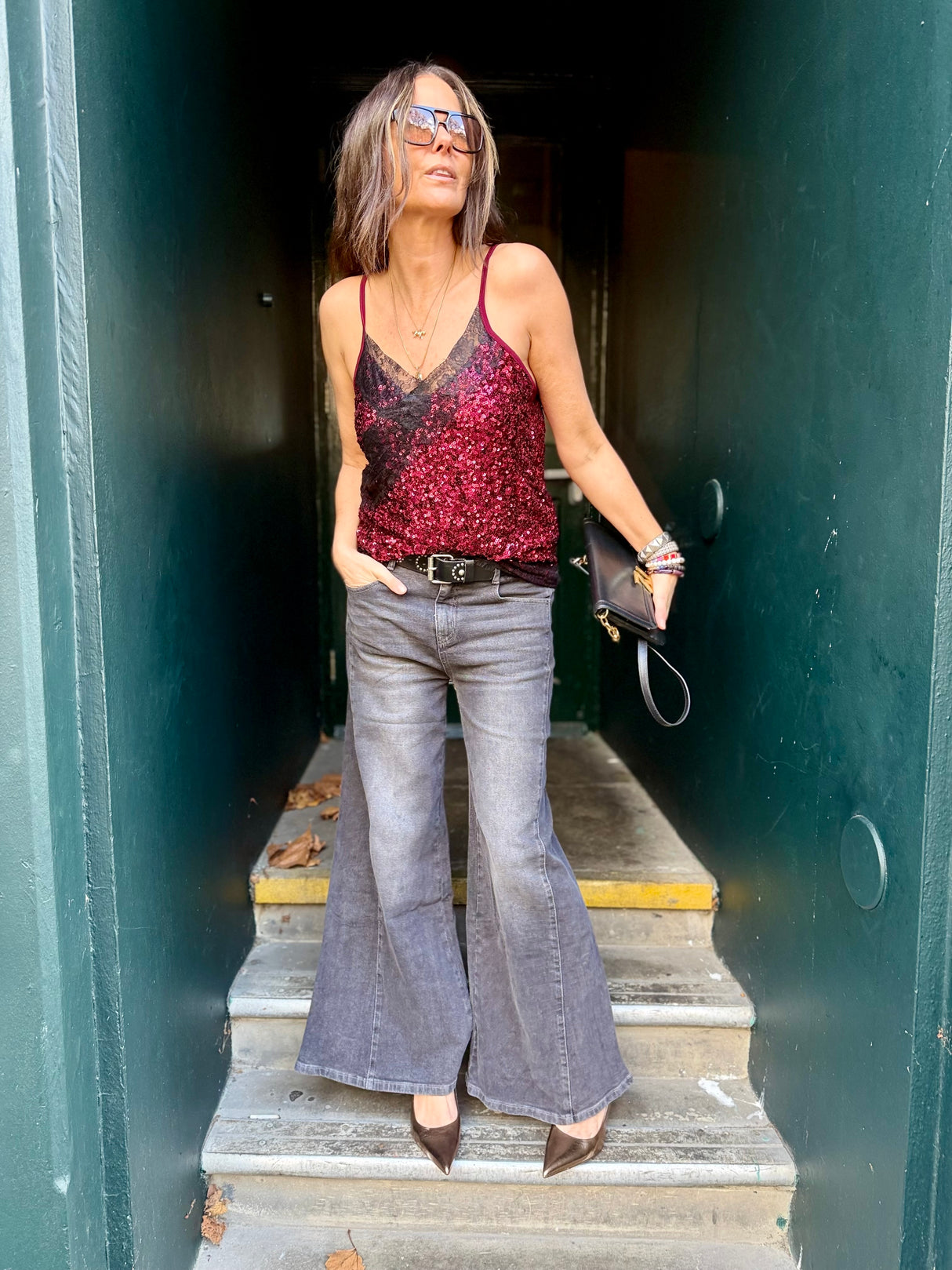 Harley Lace Sequin Cami - Cherry