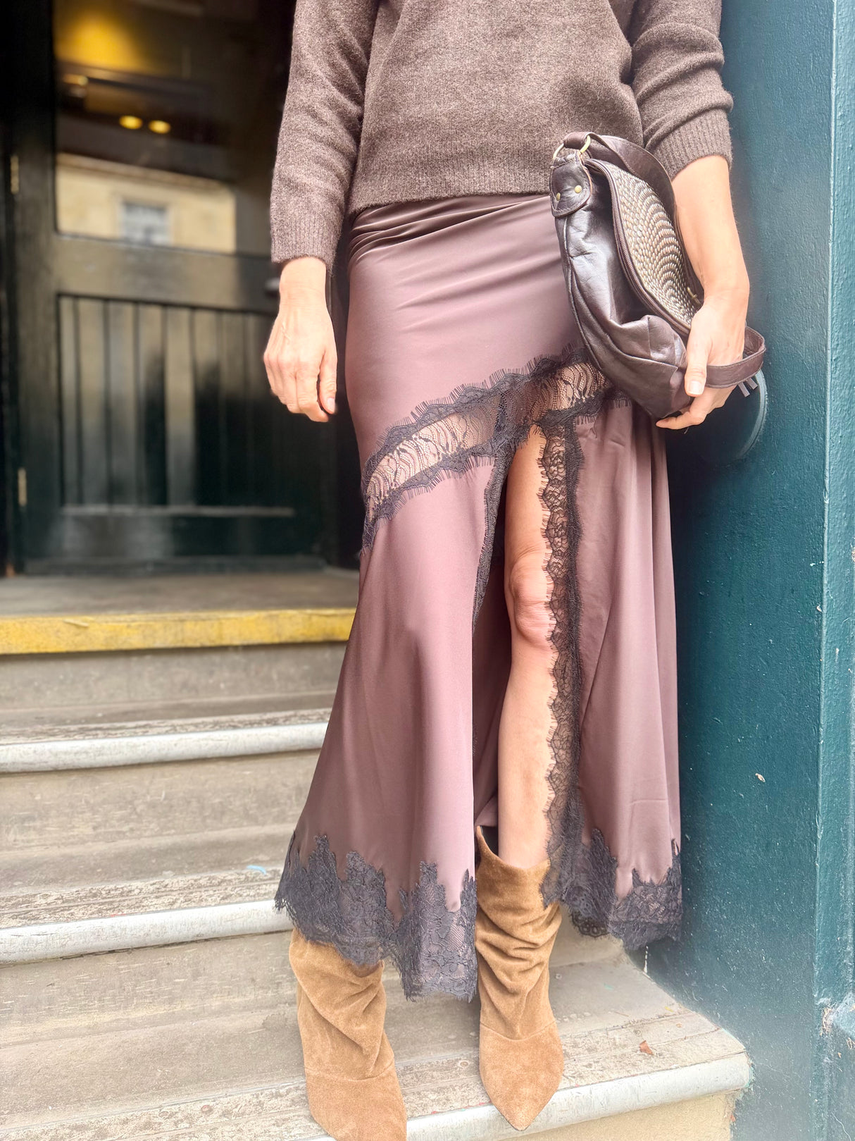 Highland Satin Lace Skirt - Chocolate