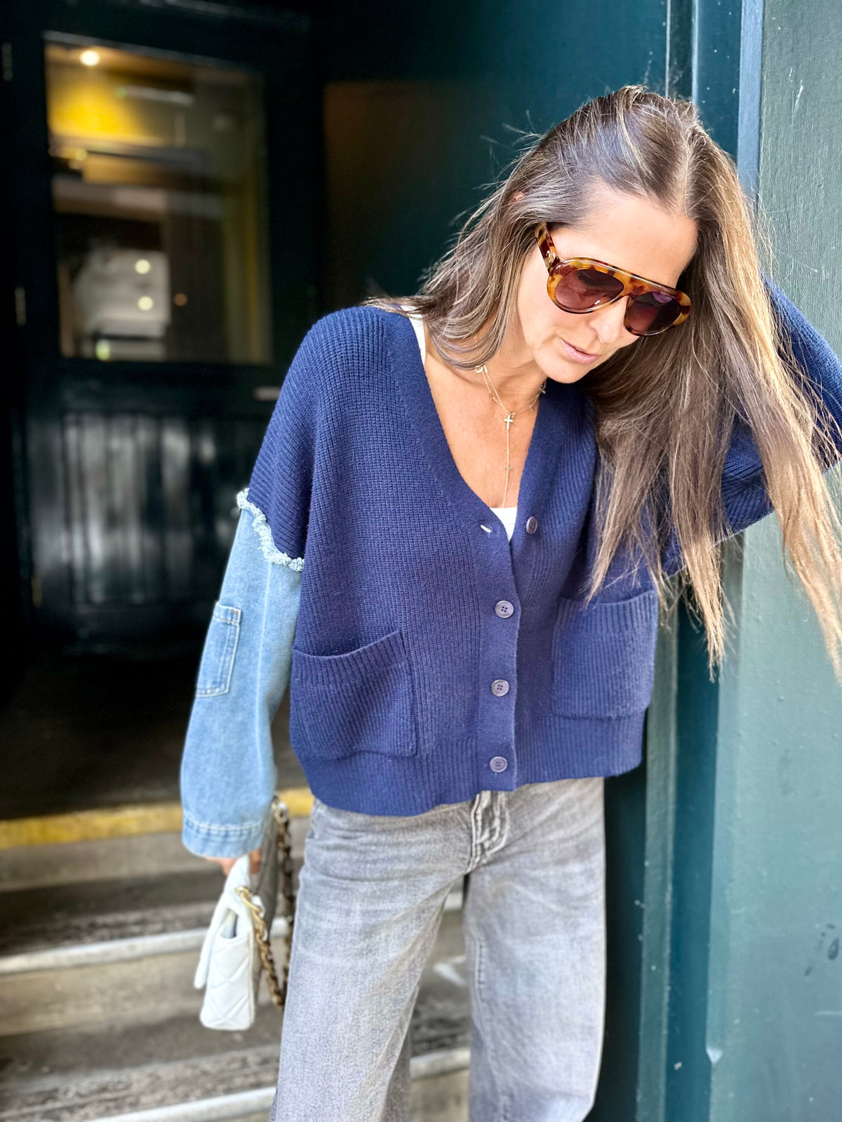 Bronte Cardi With Denim Sleeve - Navy