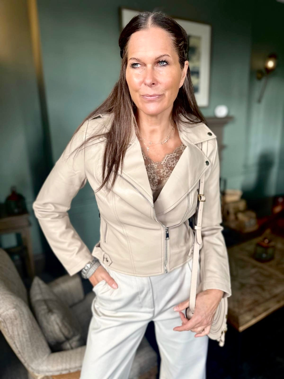 Biker Jacket With Collar - Stone