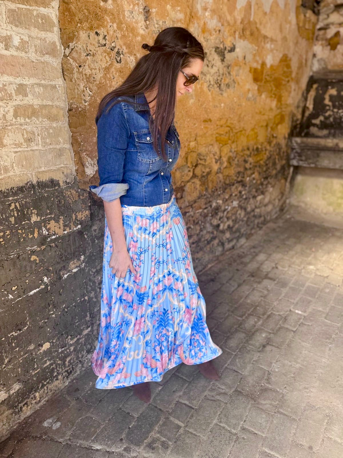 Falda floral vintage Toni - Hortensia azul