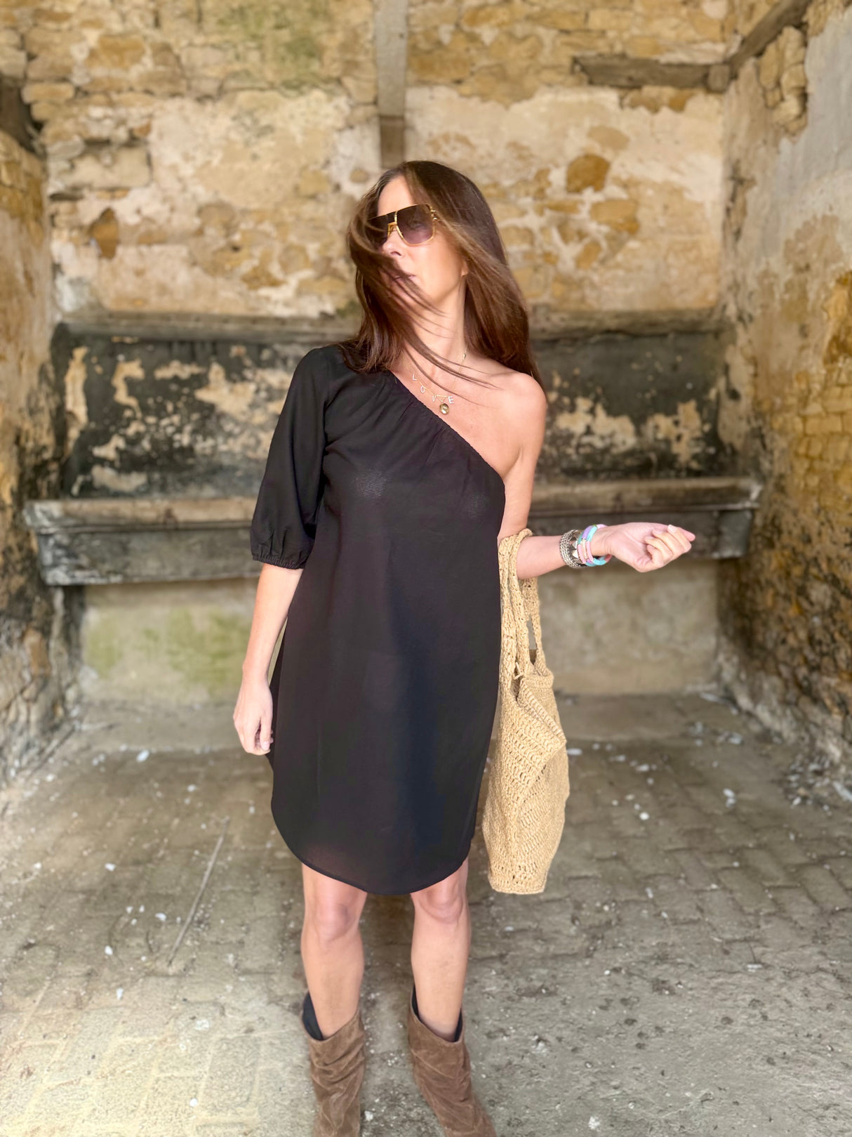 Den One Shoulder Smock Dress - Black