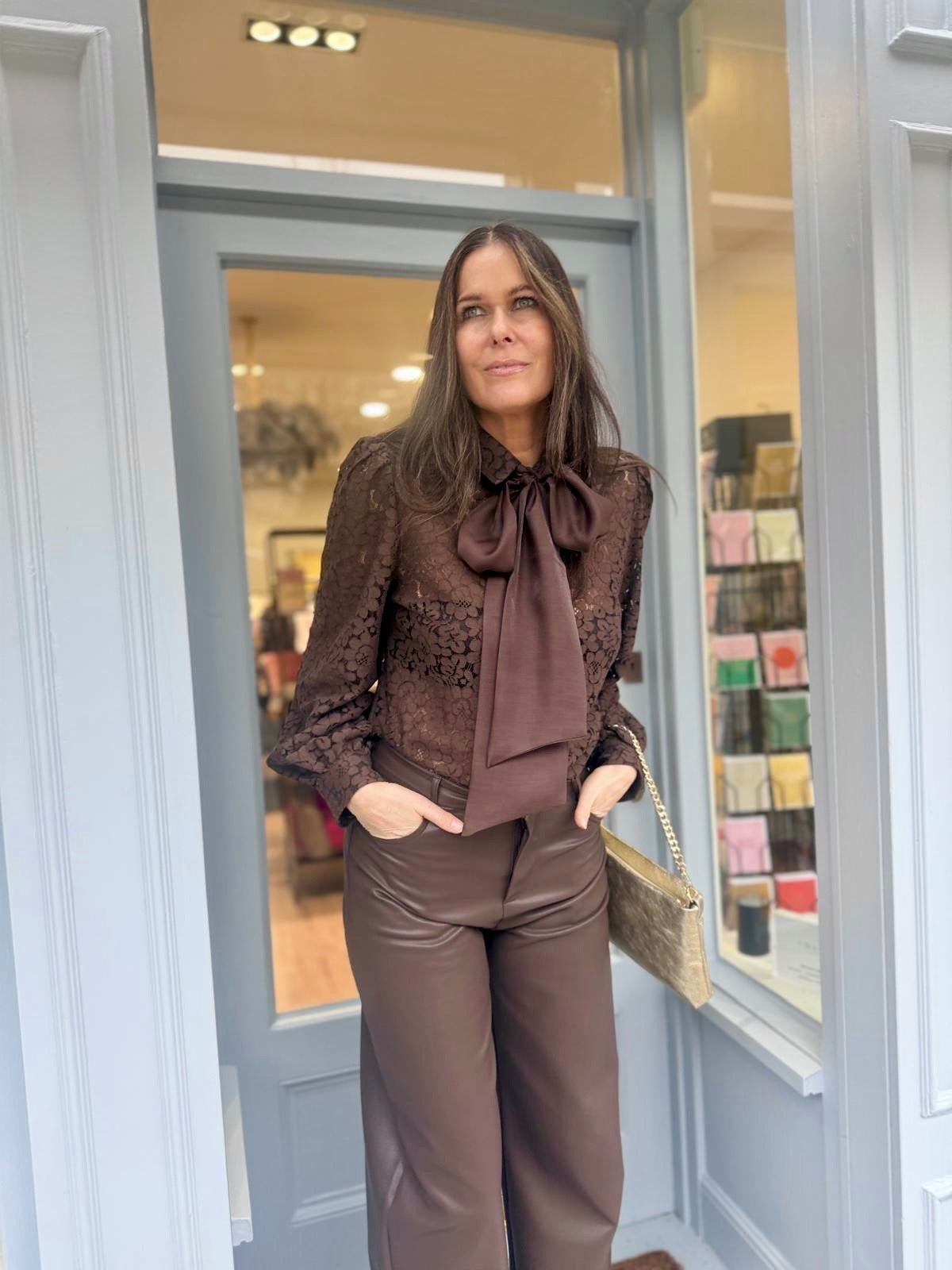 Cara Lace Pussy Bow Blouse - Chocolate