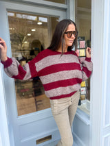 Evelyn Stripe Crew - Burgundy/Taupe