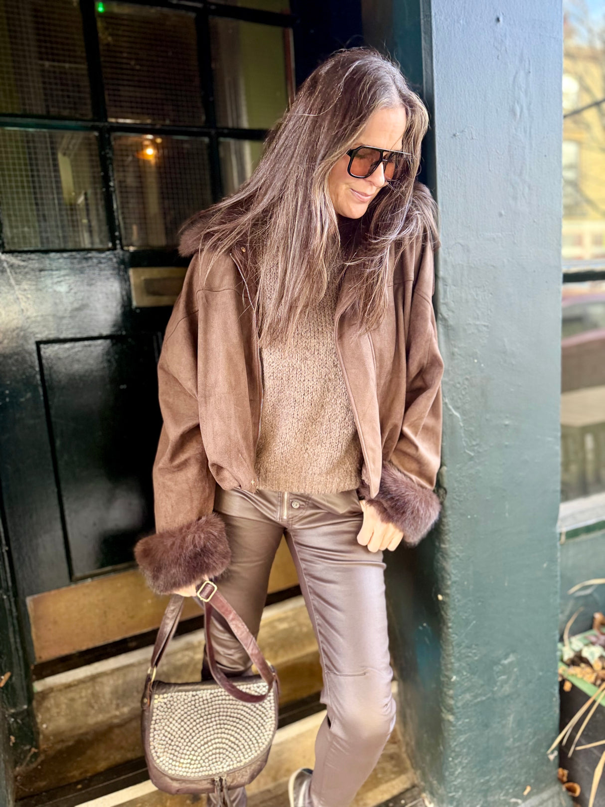 Shauna Faux Suede Bomber - Choc