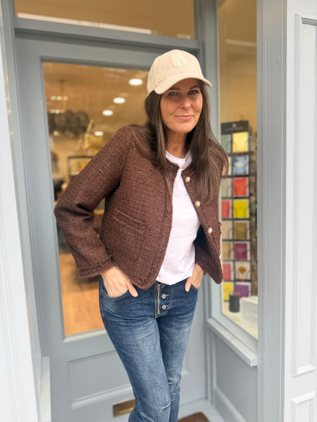 Cecile Cropped Tweed Jacket - Chocolate