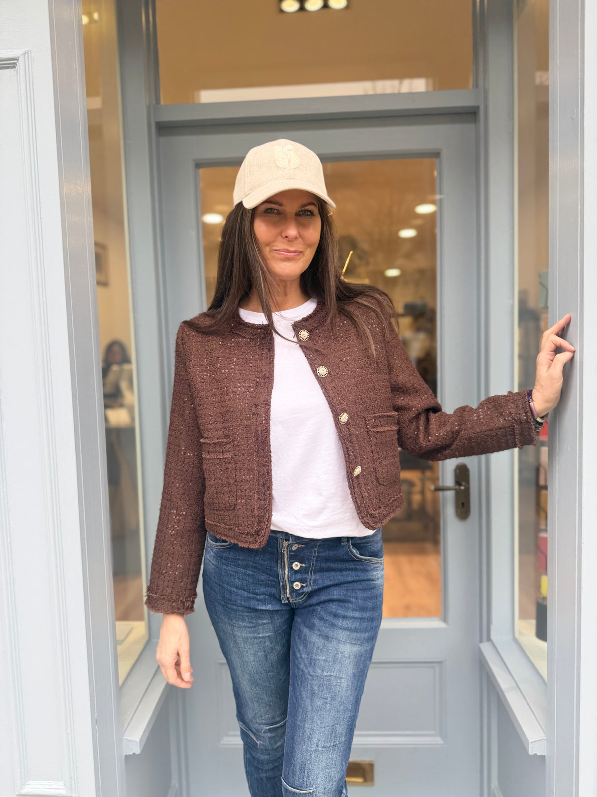 Cecile Cropped Tweed Jacket - Chocolate