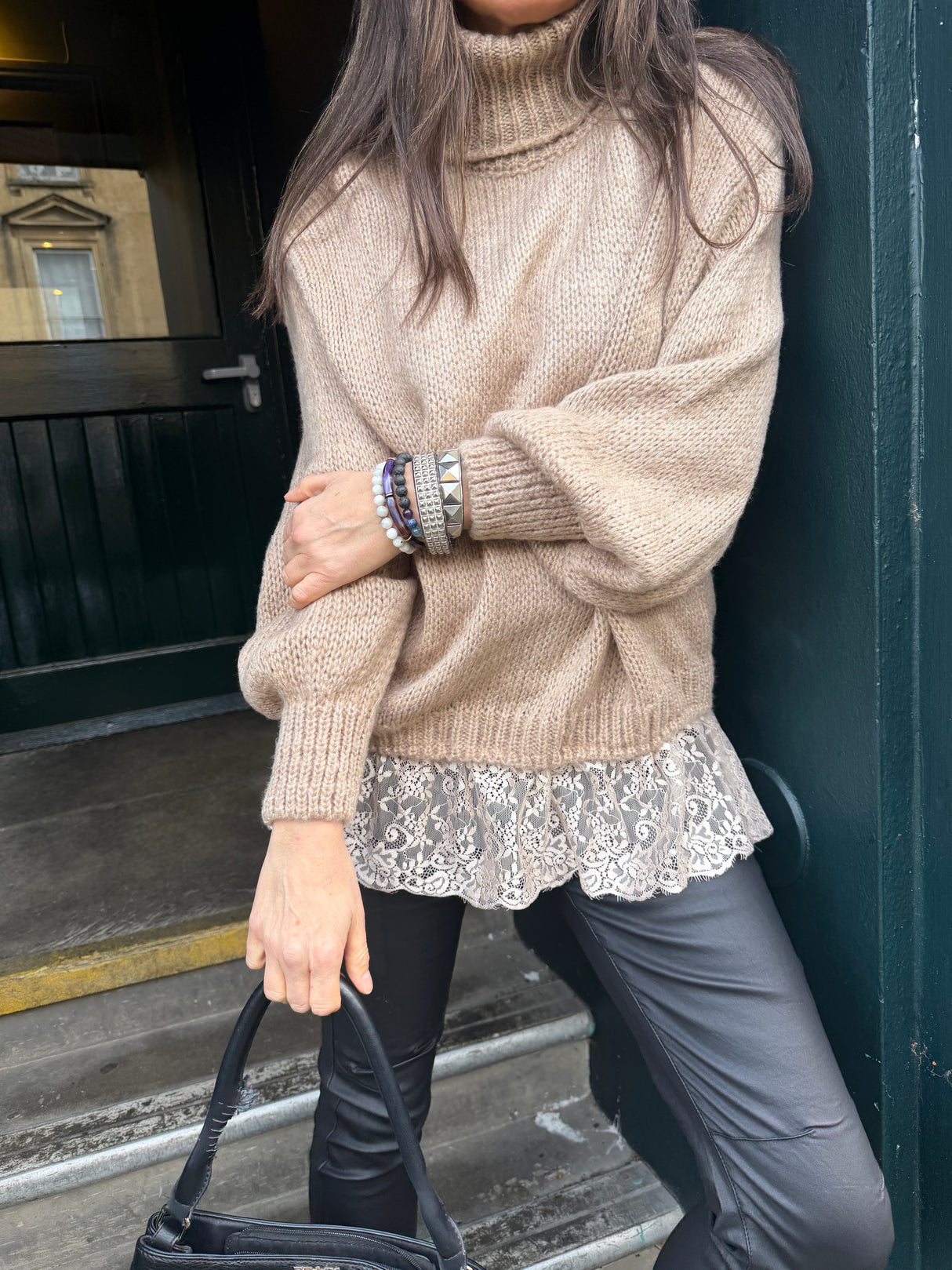 Arabella Lace Roll Neck Jumper - Biscuit