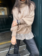 Arabella Lace Roll Neck Jumper - Biscuit