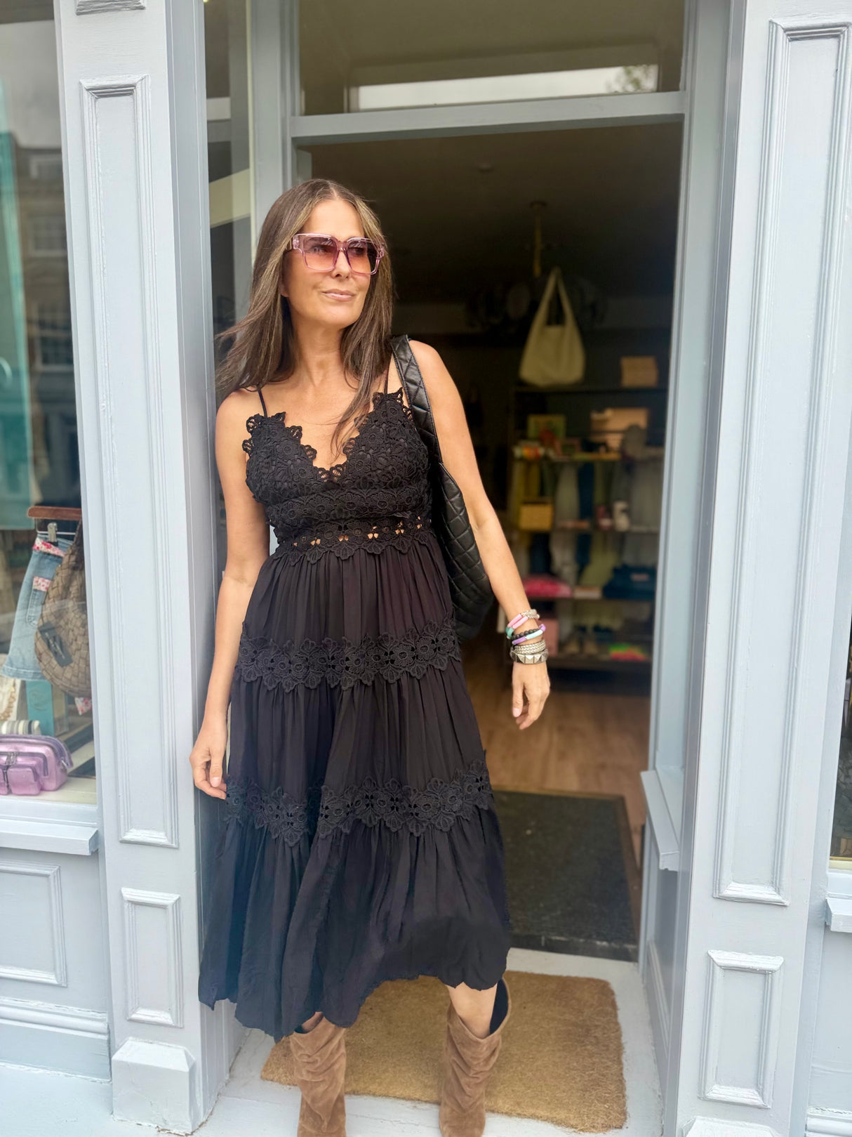 Mira Crochet Strap Dress- Black