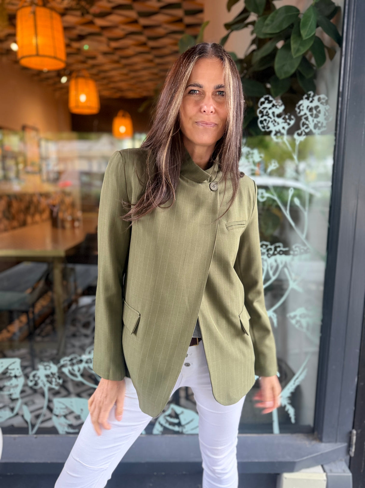 Pinstripe Funnel Neck Blazer - Green