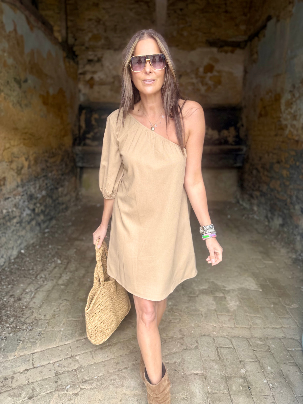 Den One Shoulder Smock Dress - Camel