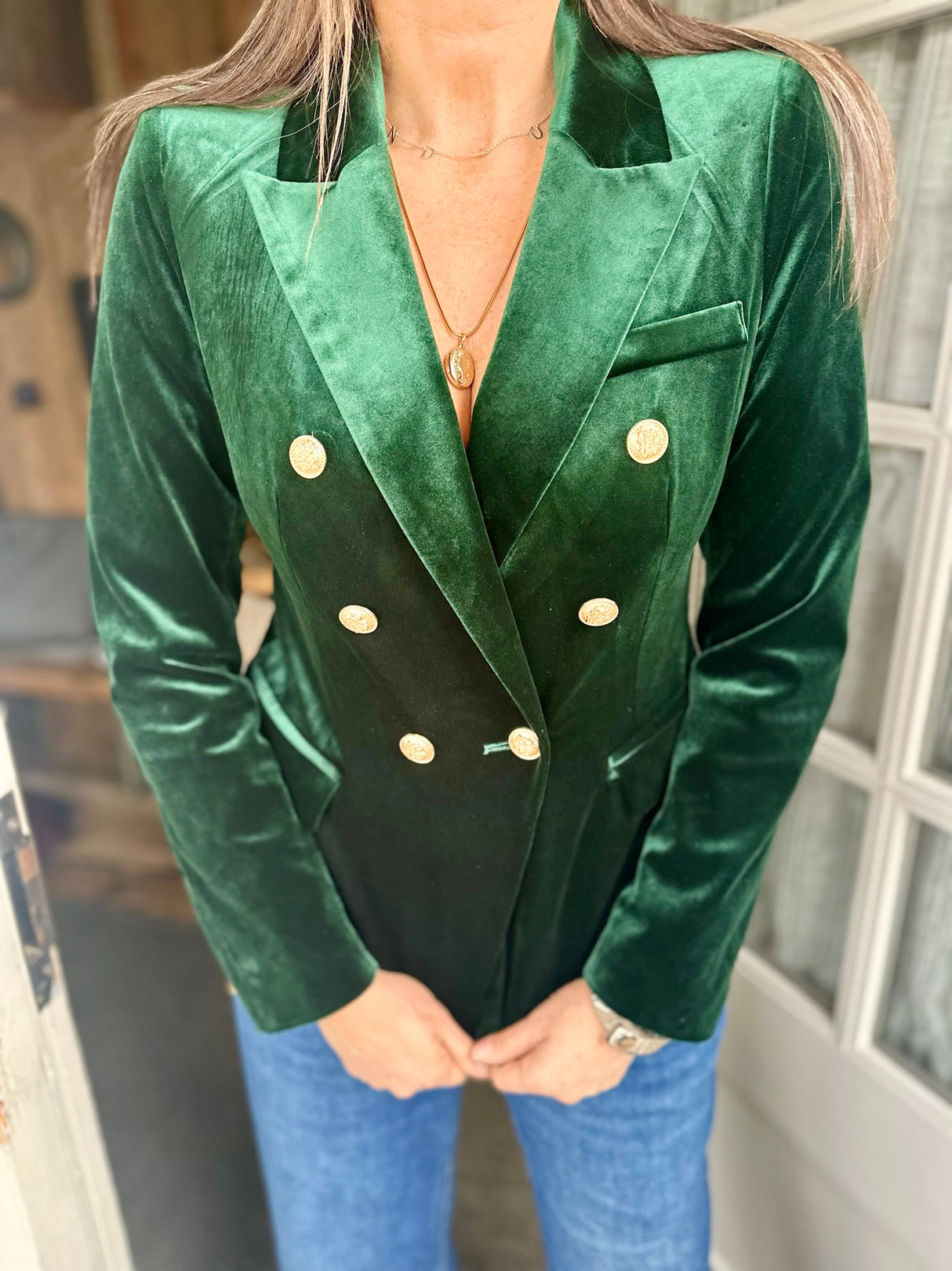 Blazer Victoria de terciopelo verde esmeralda