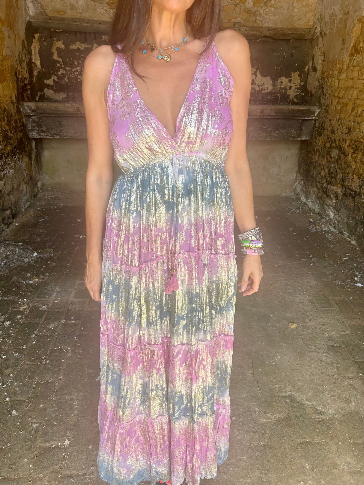 Crystal Metallic Maxi Dress - Hot Pink