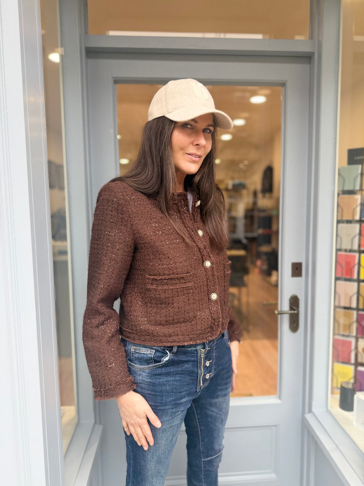 Cecile Cropped Tweed Jacket - Chocolate