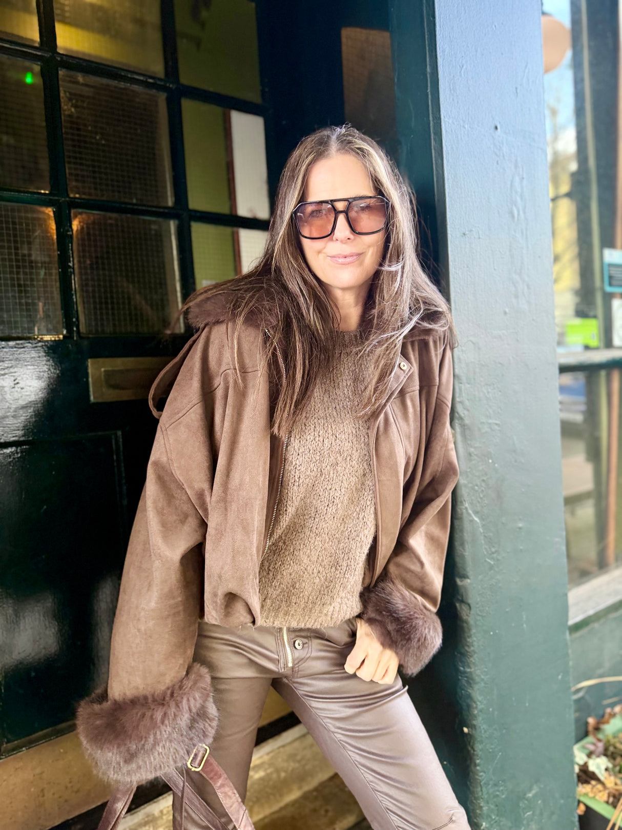 Shauna Faux Suede Bomber - Choc