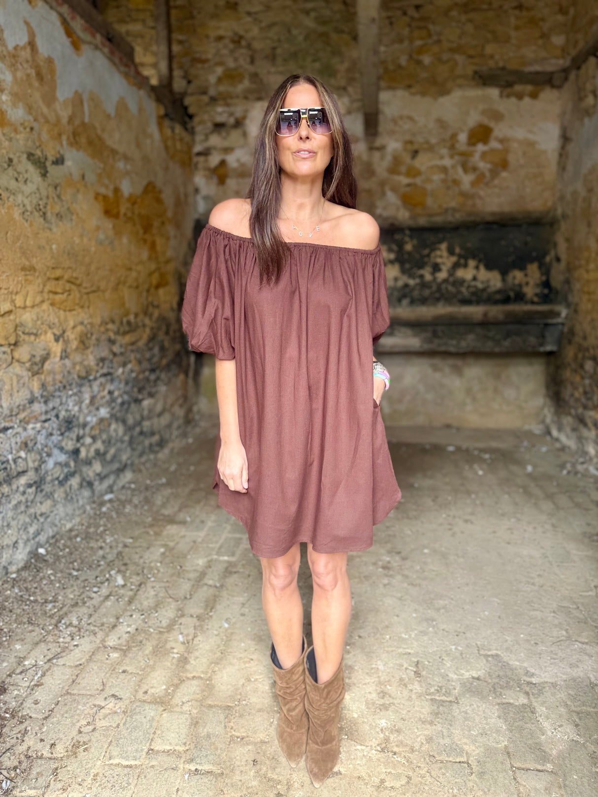 Off The Shoulder Dress- Chocolate