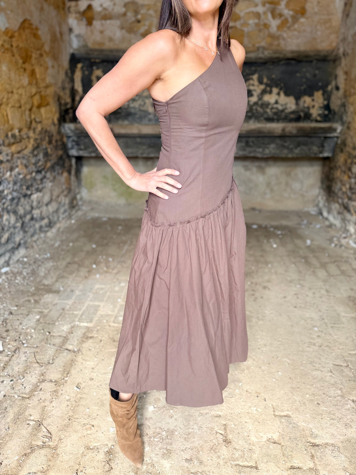 Louise One Shoulder Dress - Chocolate